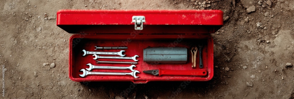 Aufkleber toolbox filled with wrenches and tools laid on the ground for repair tasks at a construction site ge