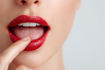 Obraz premium Red Lipstick Mouth Open with Finger on Lip