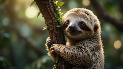 Naklejka premium Baby Sloth Cradled in Branches