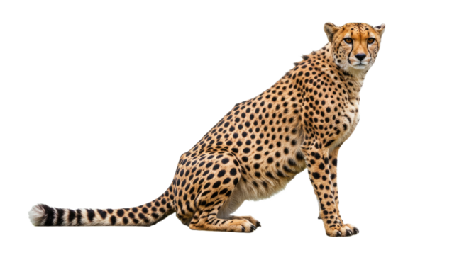 A calm cheetah is shown sitting with its long tail curled around its body, its head turned towards the camera. Full body image isolated on a plain white background.