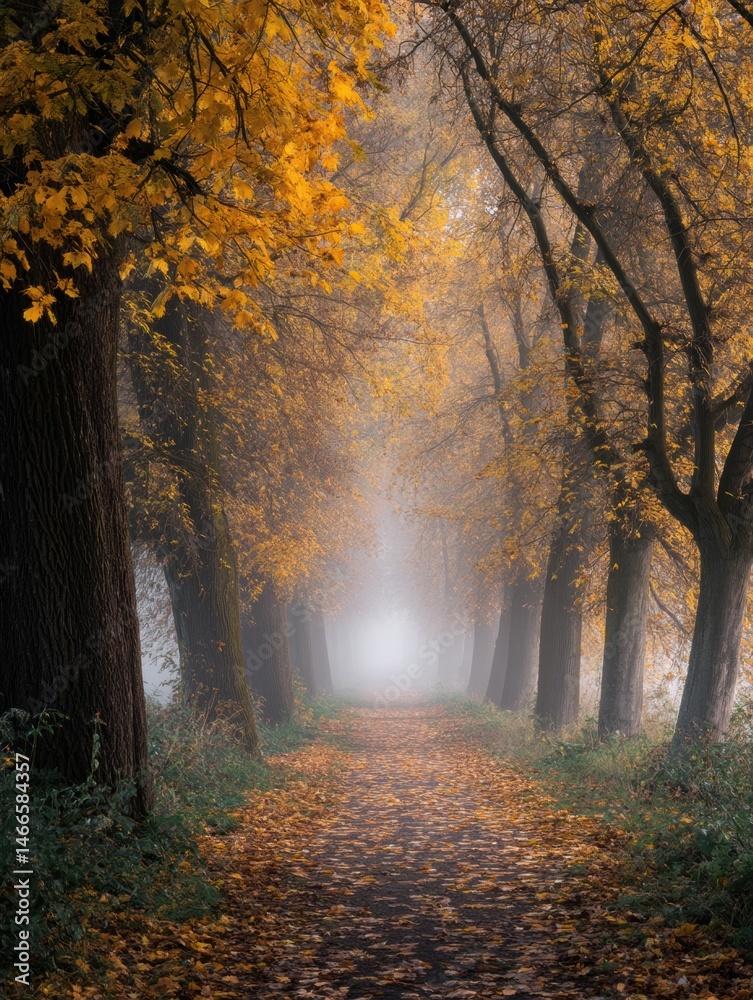 Poster Misty Path Through Golden Trees in a Tranquil Forest During Autumn Season Generative AI