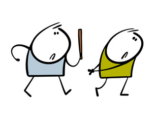 Cartoon strict escort leads the arrested criminal. The pickpocket got caught stealing. Vector illustration of sad stickman, chained hands.