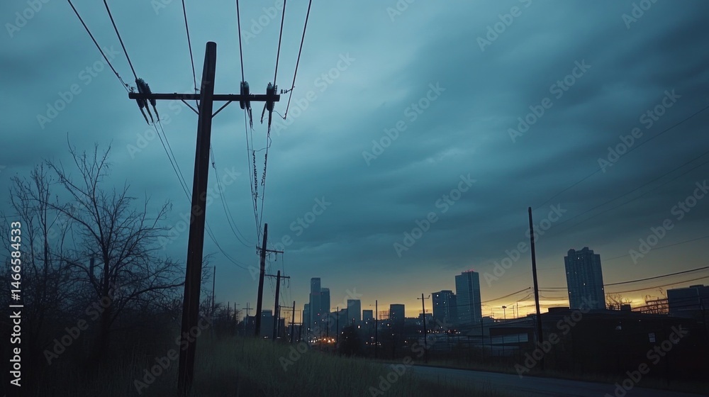 Poster a composition featuring utility poles with hanging power lines, set against the backdrop of an urban