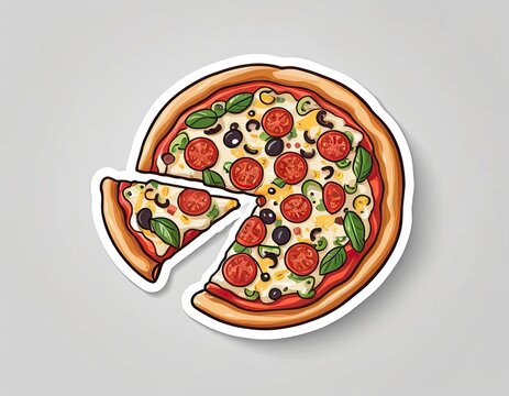 pizza slice, tomatoes, olives, basil, cartoon style clip art preview