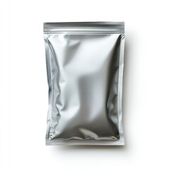 Silver foil pouch mockup packaging blank isolated for food product presentation and branding design template