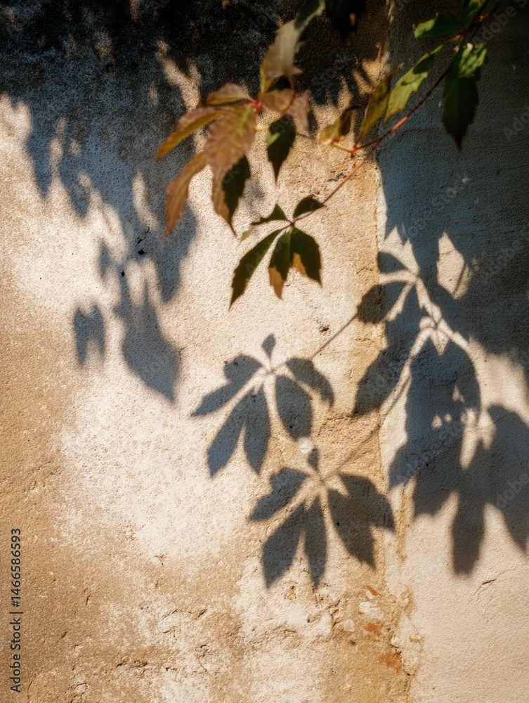 Poster Shadows of Leaves Create an Enchanting Dance on Wall in Summer Breeze With Soft Light Filtering Through Foliage Generative AI