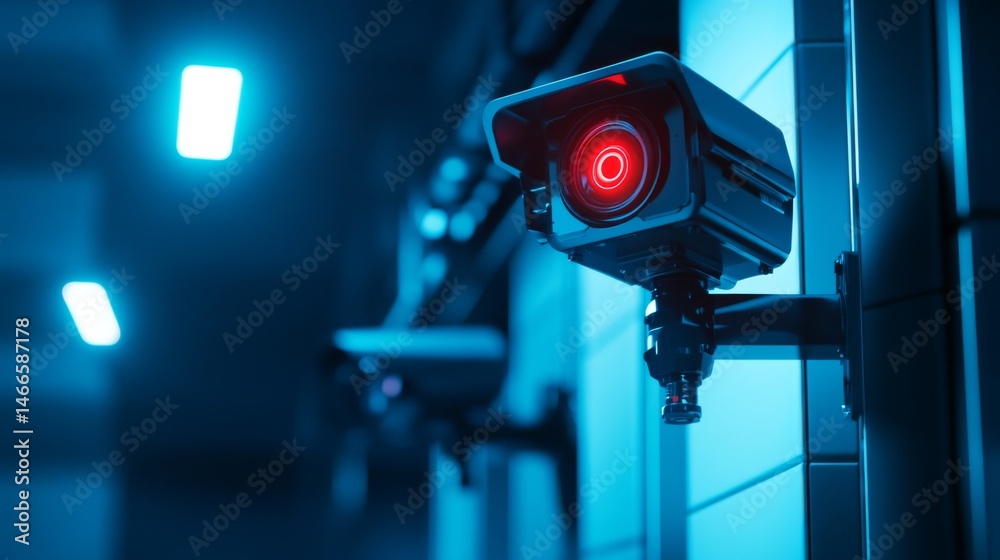 Fototapete a detailed shot of a wall-mounted cctv camera with a rotating head, set against a modern architectur