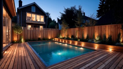 Elegant backyard pool at dusk with illuminated surroundings