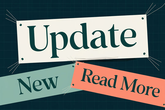 Three pinned paper banners announce "Update", "New", and "Read More" on a dark grid background, signifying new information or a website update