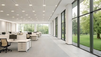 Fototapeta premium Bright Office Space with Large Windows Overlooking Lush Greenery and Modern Desks