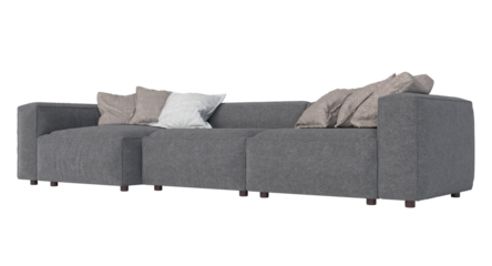 Modern grey sofa with pillows isolated on transparent background 3d
