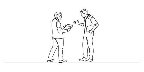 Obraz premium Meeting of two businessmen, discussion, brainstorming continuous one line art. Hand drawn vector illustration. Black and white. Single line art two businessmen discussion. Pro vector