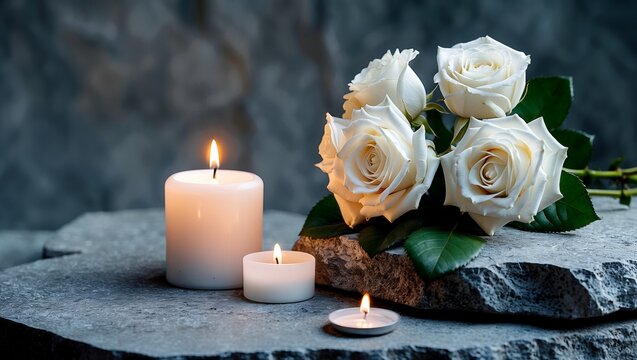 Elegant memorial service background with white roses