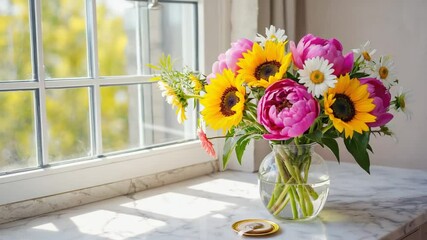 Flowers in Vase by Window in Bright Sunny Room Still Life - Powered by Adobe