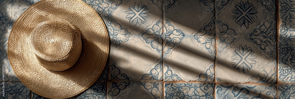 Leinwandbilder Shadow Patterns Created by Sunlight on Vintage Tile Floor With a Straw Hat Placed on It Generative AI