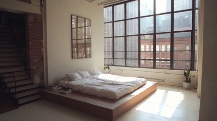 A minimalist bedroom with a sleek platform bed, neutral color palette, and large windows allowing natural light to flood the space, emphasizing simplicity and calm