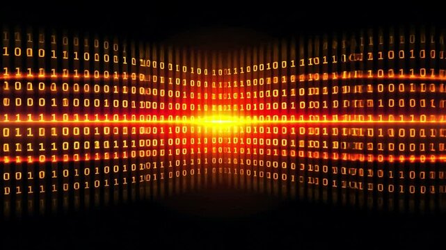 Vibrant Digital Background with Glowing Binary Code in Orange and Yellow, Symbolizing Technology and Data Flow for Energetic and Abstract Visual Experience.
