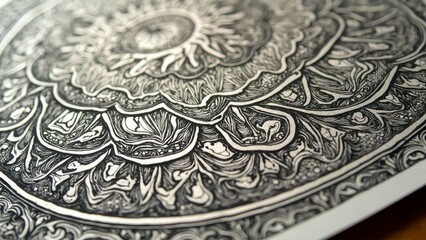 Intricate black and white mandala with detailed patterns and symmetrical design
