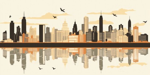 Obraz premium Cityscape Silhouette Urban Skyline Reflection with Birds in Flight.