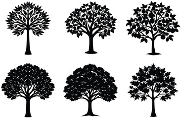 Vector set of black tree silhouettes showcases a nature-inspired collection of leafy branches and floral outlines for forest design