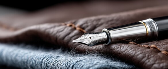 Naklejka premium Elegant pen nib on rich leather and fabric