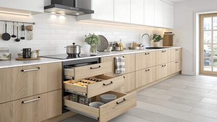 Modern kitchen design with open drawers revealing organized storage solutions