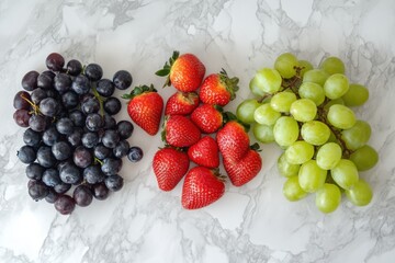 A top down view of grapes strawberries and grapes on a white marble surface arranged in a row