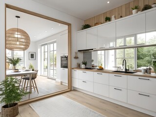 Modern Kitchen Design with Wooden Frame and Woven Pendant Light