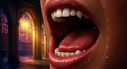 Close up of open mouth displaying healthy white teeth in a dramatic setting