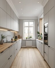 Modern Kitchen Interior with Light Wood Floors and City View from Window