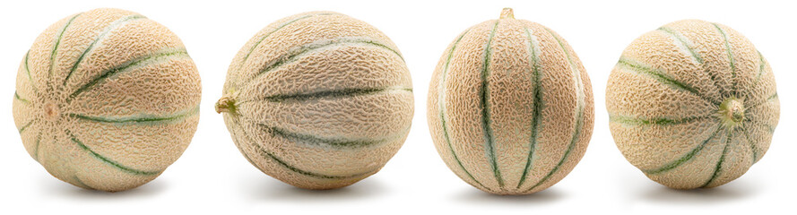 Set of four cantaloupe melons isolated on white background. File contains clipping paths.