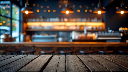 Empty wooden table in cozy cafe ambience