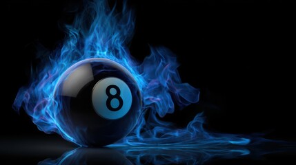 A stunning image of magic nine ball in blue flames. A striking image featuring a black billiard ball with the number eight engulfed in mystical blue fire on a dark background.