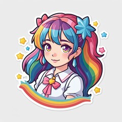 Pixel Art Portrait of a Cute Anime Girl with Rainbow Hair and Stars