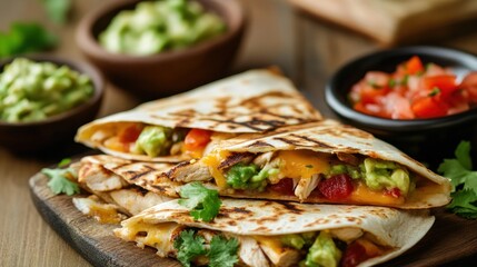 Delicious chicken quesadillas with guacamole and salsa