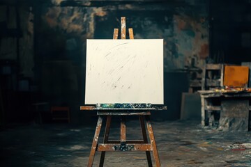 Artist's easel in a cluttered studio with an empty canvas awaiting inspiration