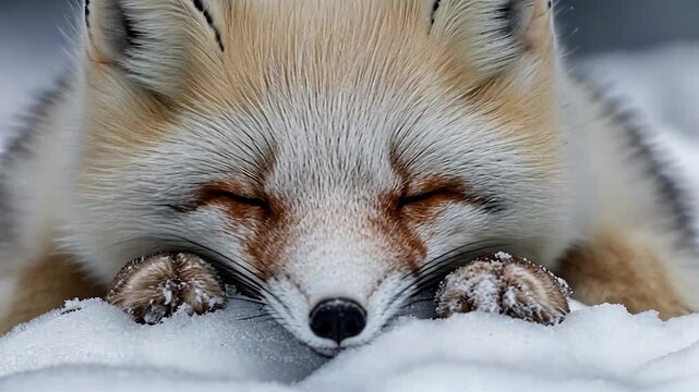 Close up of sleeping fox on a snowy ground. Furry animal lies down in the white snow and rests, eyes closed. Soft lighting highlights the texture of the fur and the serene expression of the animal