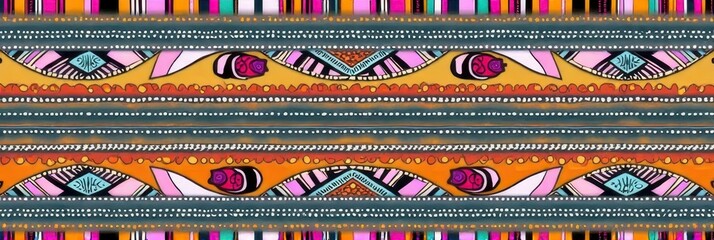 Colorful abstract pattern with geometric and tribal motifs in vibrant hues