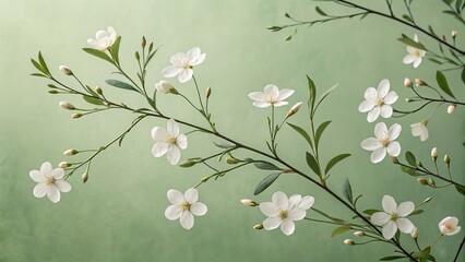 Fototapeta premium Delicate branches of white flowers and green leaves against a textured soft green background
