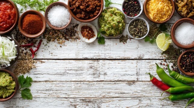 A stunning image of taco bar top border with an assortment of ingredients. Overhead view on a rustic white wood banner background. Mexican food buffet.