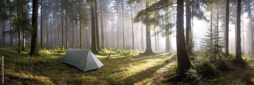 Poster Morning Mist Envelops a Tent in a Serene Forest Clearing Surrounded by Tall Trees and Soft Sunlight Generative AI