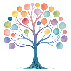 A colorful tree with circular elements representing leaves and branches.