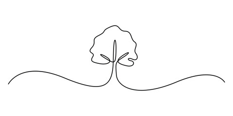 Continuous single line drawing of tree. One line drawing tree isolated on white background. Vector illustration