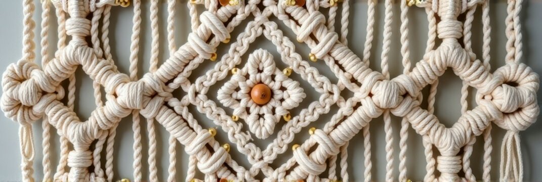 Intricate handmade macrame wall hanging with knots and beads