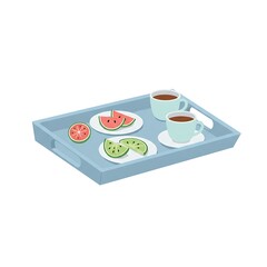 Breakfast tray with coffee and watermelon, healthy diet, fresh and sweet