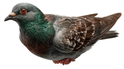 Pigeon Close-up: Detailed view of a common city pigeon showcases the textures, colors, and patterns of its plumage and features, presenting the ordinary in a moment of intimate detail.