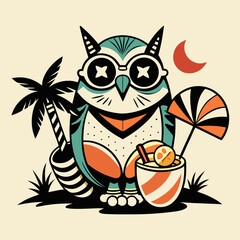 Retro Beach Owl Vector Vintage Cartoon Owl with Drink and Palm Tree
