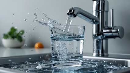 Fresh water cascades into clear glass tumbler