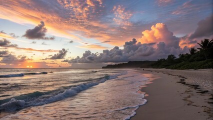 Fototapeta premium Stunning sunset over ocean waves and sandy beach with beautiful cloudy sky