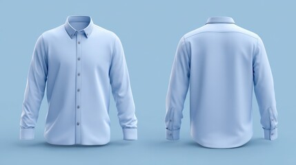A stunning image of casual or business button up shirt mockup template, front and back view. blank mock up design, soft blue.